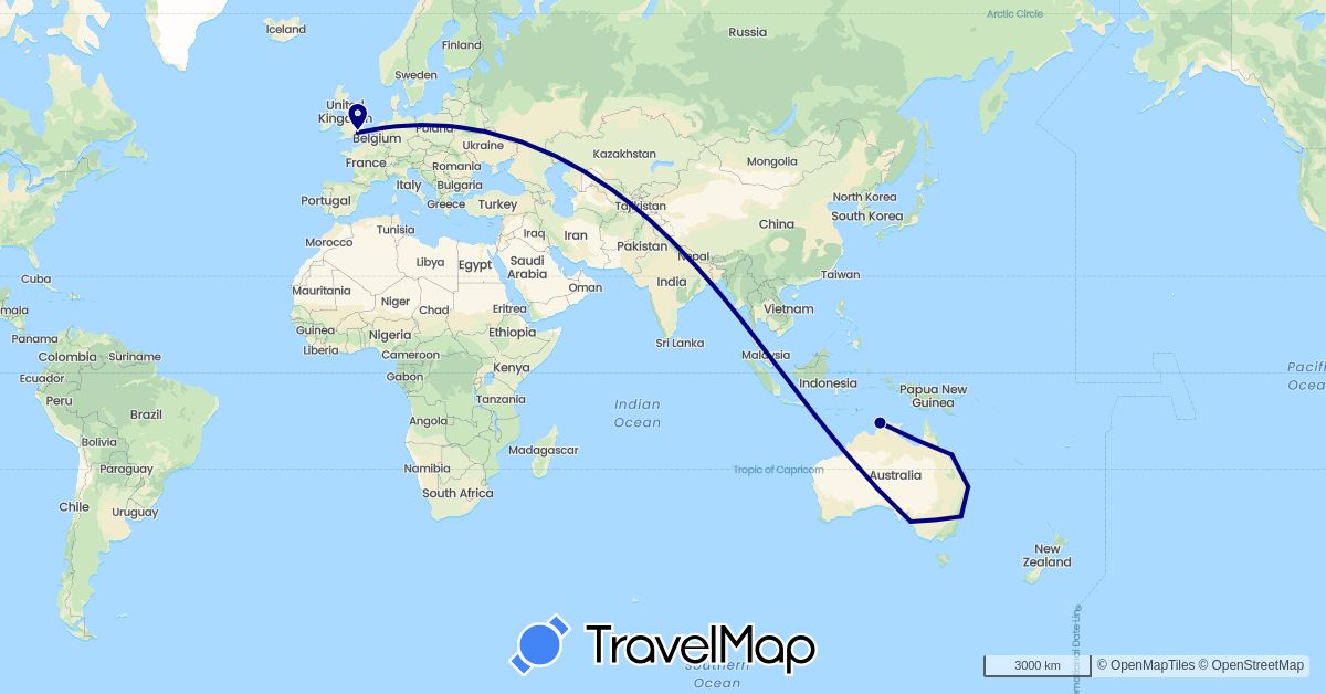 TravelMap itinerary: driving in Australia, United Kingdom (Europe, Oceania)